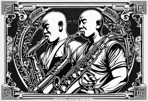 Muay thai boxer playing on tenor saxophone in a jazz club front of a jazz trio band. The notes are coming out from the saxophone and turning into buddhist symbols. tattoo idea