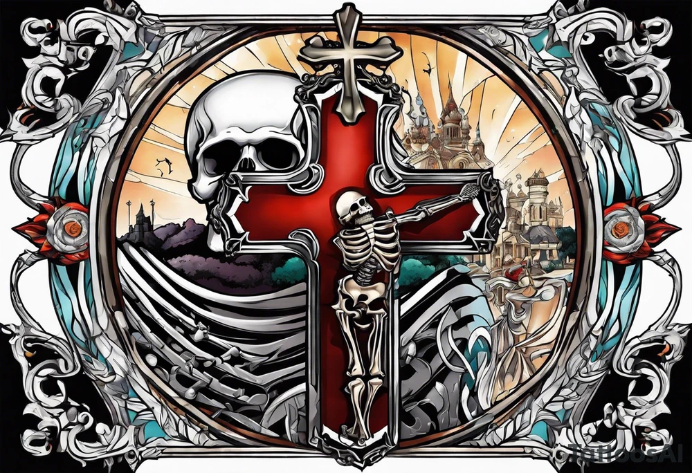 skeleton walking with a cross tattoo idea