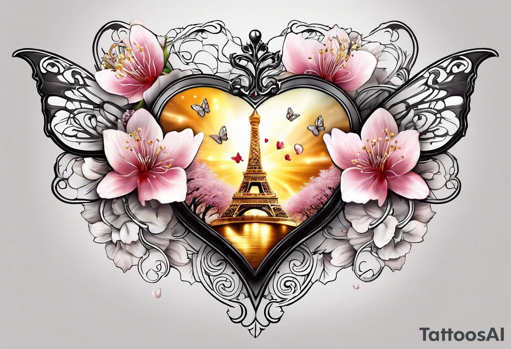 Cherry Blossom Tattoo with a key that unlocks a heart surrounded by white butterflies and in a golden aura tattoo idea
