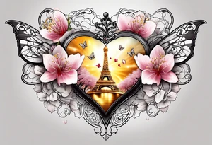 Cherry Blossom Tattoo with a key that unlocks a heart surrounded by white butterflies and in a golden aura tattoo idea