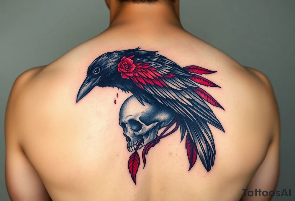 A gothic raven perched on a skull, with a veil of blood-red feathers, representing love even through darkness and loss tattoo idea