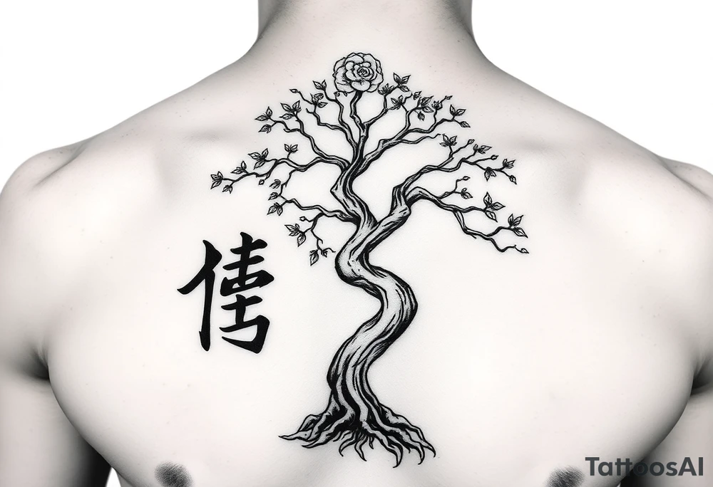 japanese writing with money tree on chest tattoo idea
