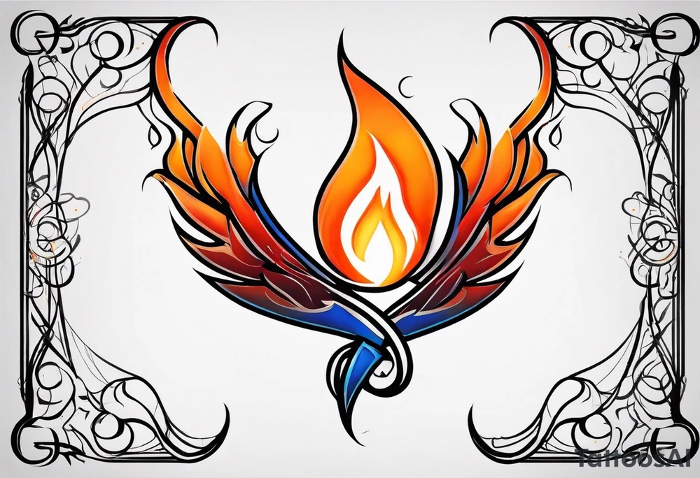 Twin flame symbol and fire. Make it small and minimalistic. Straight clean line border around the flame. Everything else black and white minus the twin flame fire. Flame is blue intertwined with orange/red. tattoo idea