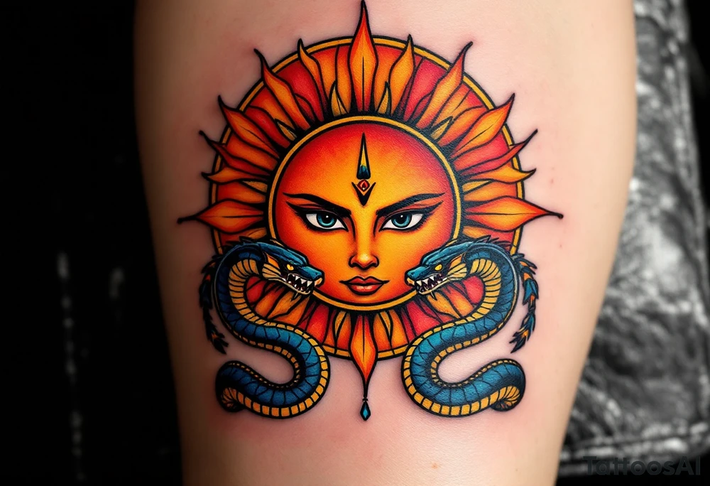 A sun disk of Ra in fiery red and amber, crowned by two protective cobras. tattoo idea