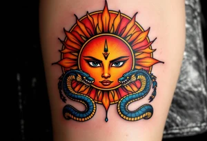 A sun disk of Ra in fiery red and amber, crowned by two protective cobras. tattoo idea