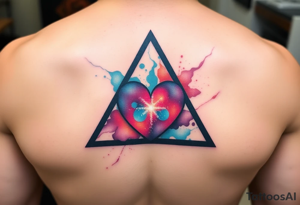 A triangle with a big heart in the center and  
galaxy inside tattoo idea