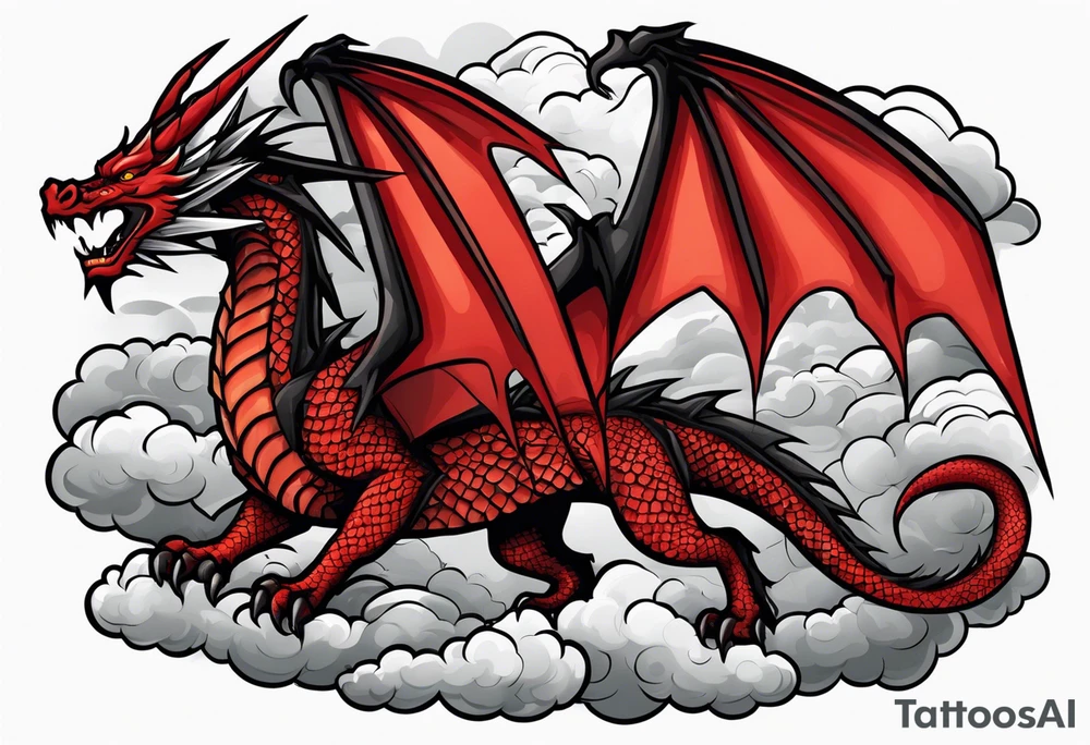A red dragon emerging from the gray and black layered clouds in a sky where lightning flashes tattoo idea