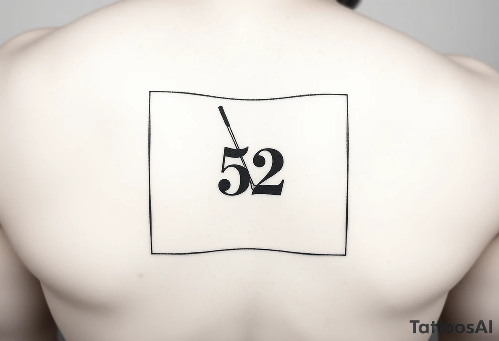 A small realistic golf club centered inside a minimalist frame (should be straight rectangular). Inside the frame, integrate the number 52 in a balanced way, either beneath or overlaying the golf club. The number should not be too big Black tattoo style, suitable for thigh tattoo. clean lines, not that detailed - simple of nature. tattoo idea