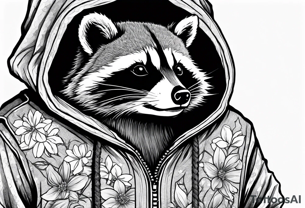 raccoon wearing a Superman hoodie with orange blossoms tattoo idea