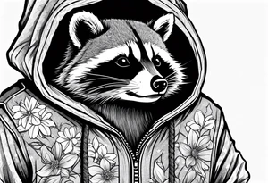raccoon wearing a Superman hoodie with orange blossoms tattoo idea