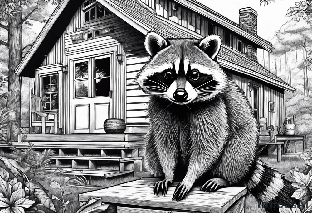 Hard working Raccoon Husband
Raccoon wife and Child in the Back
Background House and woods tattoo idea