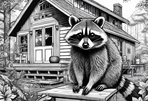 Hard working Raccoon Husband
Raccoon wife and Child in the Back 
Background House and woods tattoo idea