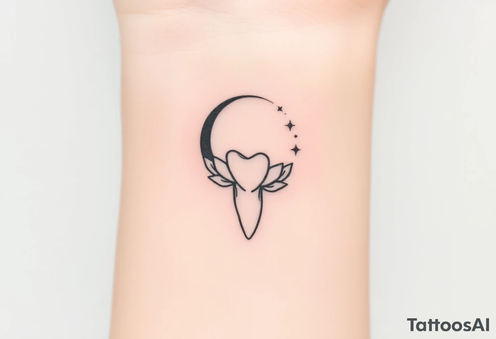 Fine-line molar tooth hanging like a pendant from a crescent moon made of delicate petals, surrounded by three faint sparkling dots, no heavy fill.” tattoo idea