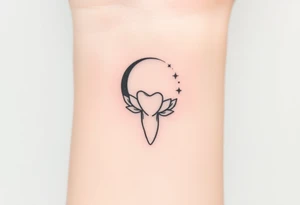 Fine-line molar tooth hanging like a pendant from a crescent moon made of delicate petals, surrounded by three faint sparkling dots, no heavy fill.” tattoo idea