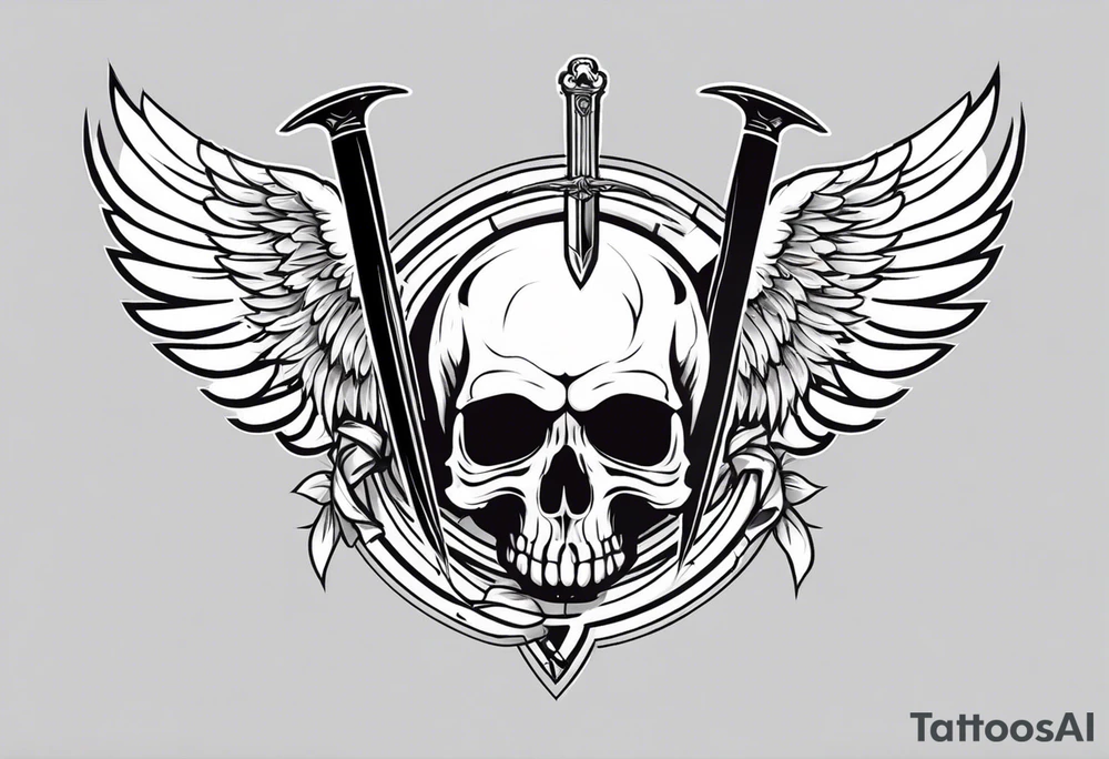 In the center is a half skull pierced by a large sword. On either side of the skull, there are spread angel wings, Beneath the skull is a ribbon weaves through both the skull and the sword tattoo idea