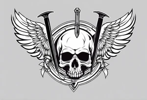 In the center is a half skull pierced by a large sword. On either side of the skull, there are spread angel wings, Beneath the skull is a ribbon weaves through both the skull and the sword tattoo idea