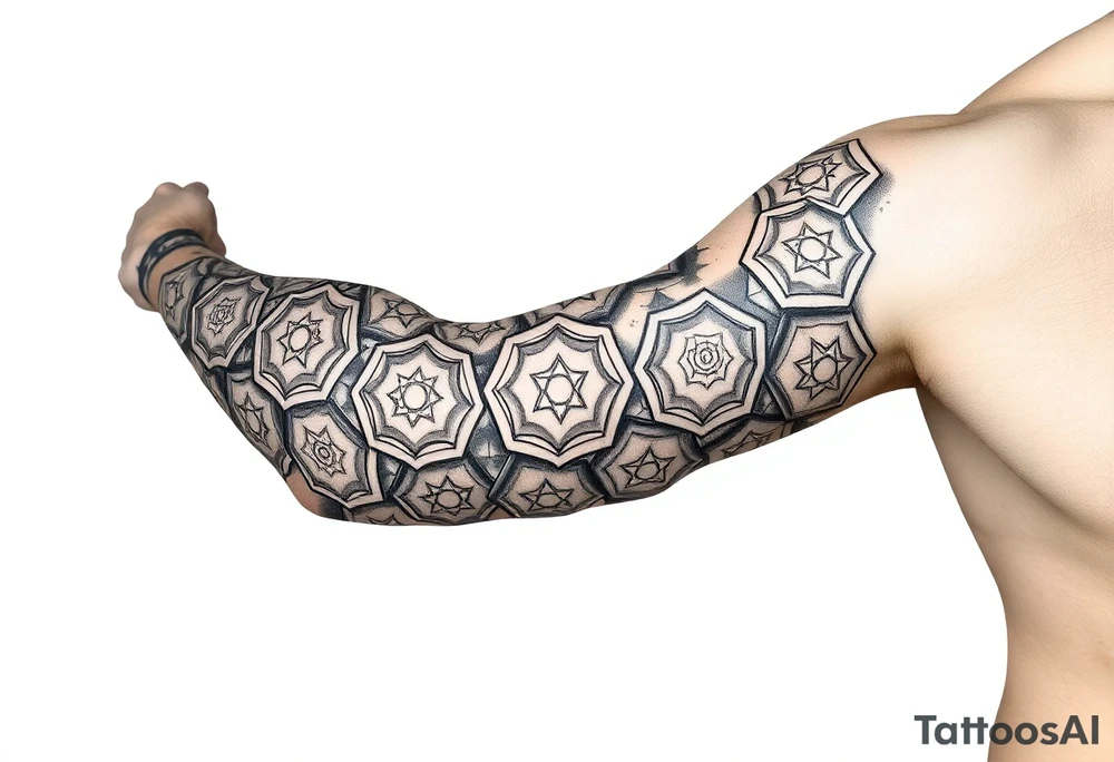 Good karma symbols inside honey combs repeated tattoo idea