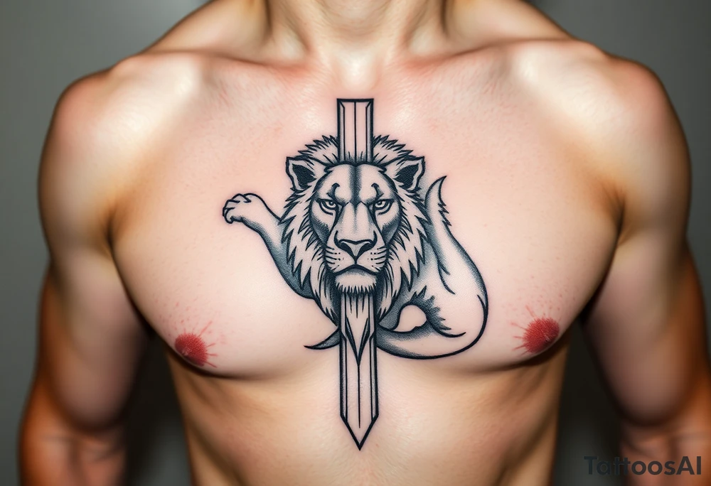 Cross, lion, strength and growth tattoo idea