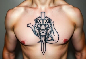 Cross, lion, strength and growth tattoo idea