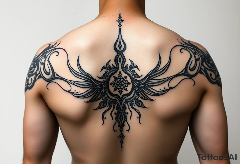 Sak yant Thai tattoo that allows me to access all my powers and magick such as immortality granting immortality to those I ressurect with my blood and creating new magick or allows me to craft new magick grants me telekinesis telepathy allows me to move through shadow to shadow allows me to jump in shadows into the shadow world and move through it allows me to control other people and gods or anyone's magic and body through phychic control as well as seeing spirits and other entities of higher and lower vibrations not seen with naked eyes as well as allows me to communicate with them as azura kaluk mizuzu a supreme one or the Lord of lords he who is the supreme reflection of she who is the Lord of the eternal flame tattoo idea
