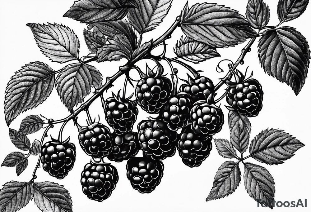a single raspberry branch with lots of leaves that is hanging upside down with small raspberries on it tattoo idea