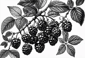 a single raspberry branch with lots of leaves that is hanging upside down with small raspberries on it tattoo idea