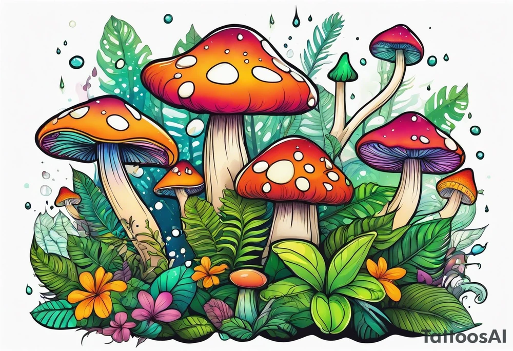 Rainforest with mushrooms and fairies and dew drops tattoo idea