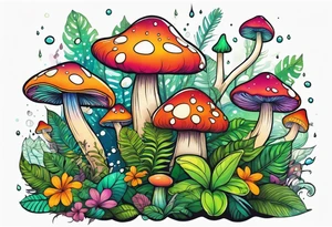 Rainforest with mushrooms and fairies and dew drops tattoo idea