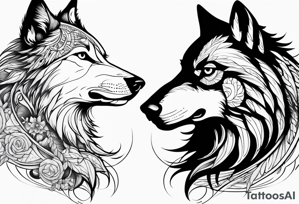 a wolf and a raven back to back facing opposite direction tattoo idea
