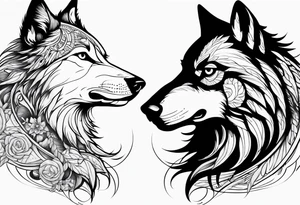 a wolf and a raven back to back facing opposite direction tattoo idea