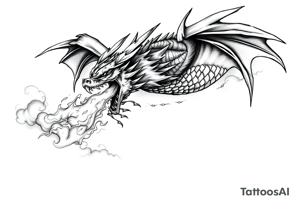 fierce dragon breathing iridescent fire against stormy skies tattoo idea