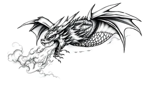 fierce dragon breathing iridescent fire against stormy skies tattoo idea