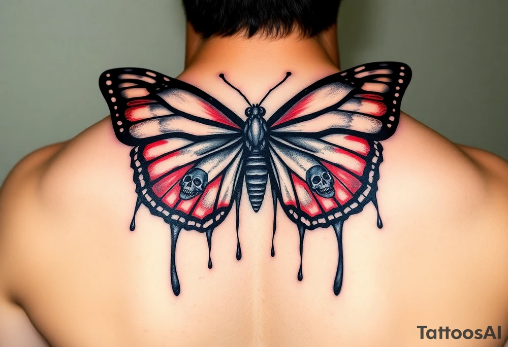 powerful majestic and dark monarch butterfly with skull detail in the wings
hidden skulls in wings, skull detail making the body of the butterfly with a horror style dripping effect, including blue, red and white colouring tattoo idea
