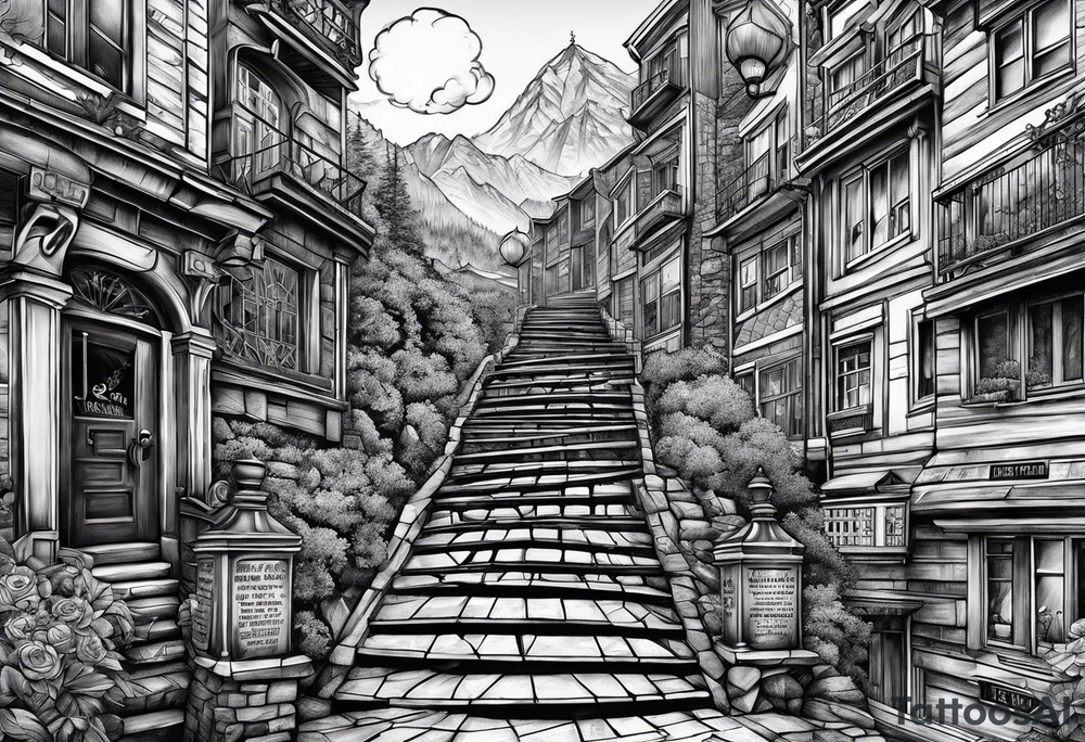 The text "Never Stop Building" designed to indicate climbing stairs tattoo idea