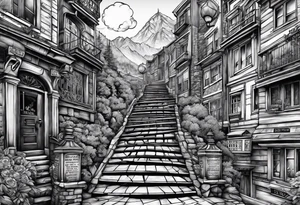 The text "Never Stop Building" designed to indicate climbing stairs tattoo idea