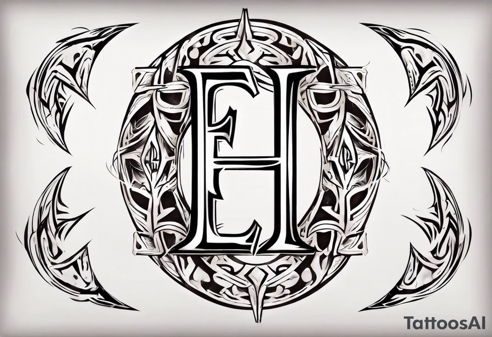 combine the letters E and H with tribal pattern tattoo idea
