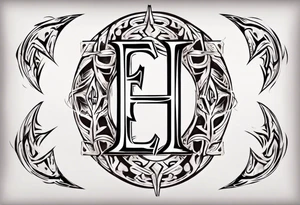 combine the letters E and H with tribal pattern tattoo idea