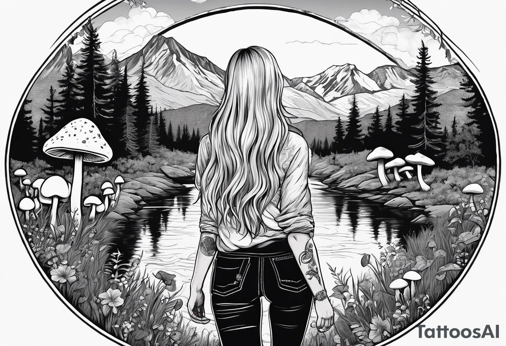 Whole picture encircled fully

Straight long blonde hair hippie girl in distance holding mushrooms in hand facing away toward mountains and creek surrounded by mushrooms long sleeve shirt and hiking pants; whole rendering within a full circle, no cut off circle tattoo idea