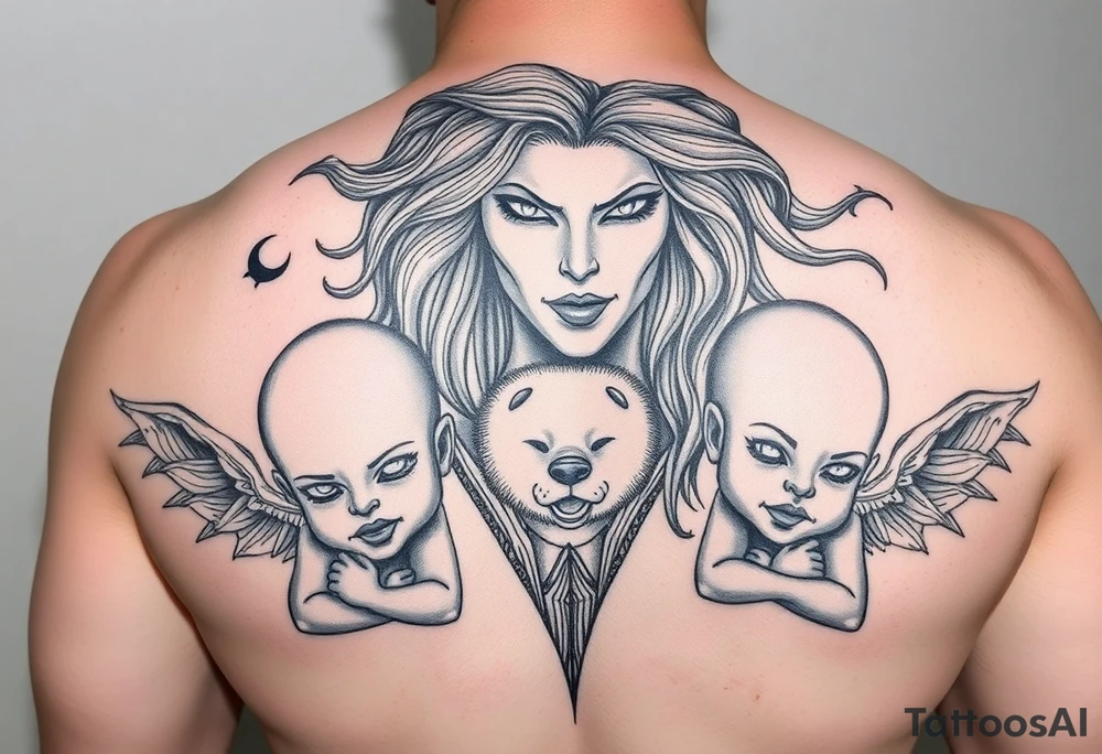 Powerful mother protecting her children with Names are Elliot,Chukya, and Lailah. Something showing motherhood tattoo idea