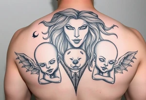 Powerful mother protecting her children with Names are Elliot,Chukya, and Lailah. Something showing motherhood tattoo idea