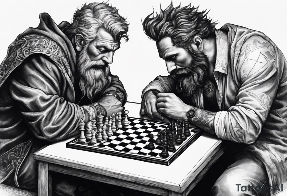 god and demon hands playing chess tattoo idea
