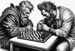 god and demon hands playing chess tattoo idea