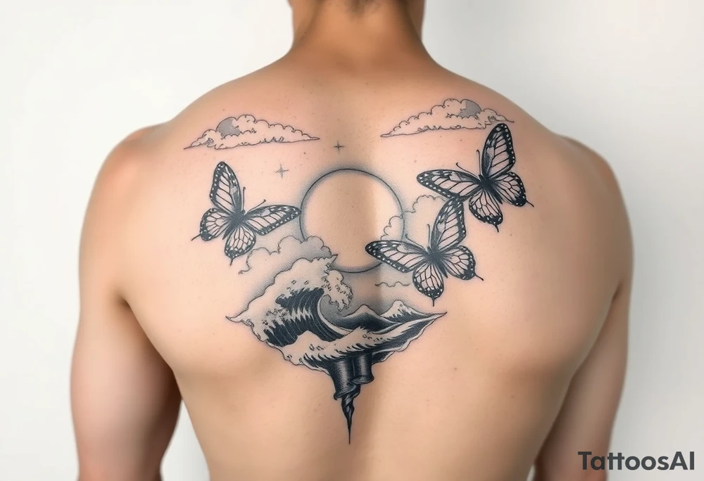 butterflies and the sun shining through clouds, with waves crashing in the background
half sleeve on the arm tattoo idea