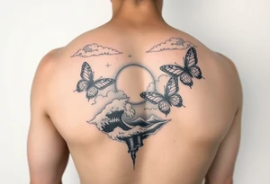 butterflies and the sun shining through clouds, with waves crashing in the background
half sleeve on the arm tattoo idea