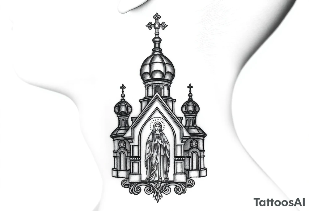medium traditional russian orthodox church with russian coat arms and virgin mary on the side of your neck tattoo idea