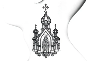 medium traditional russian orthodox church with russian coat arms and virgin mary on the side of your neck tattoo idea