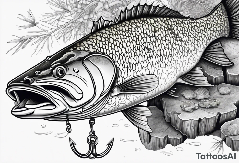 Murray cod with a hook in its mouth on a broken log with a shrimp and yabbie next to it tattoo idea