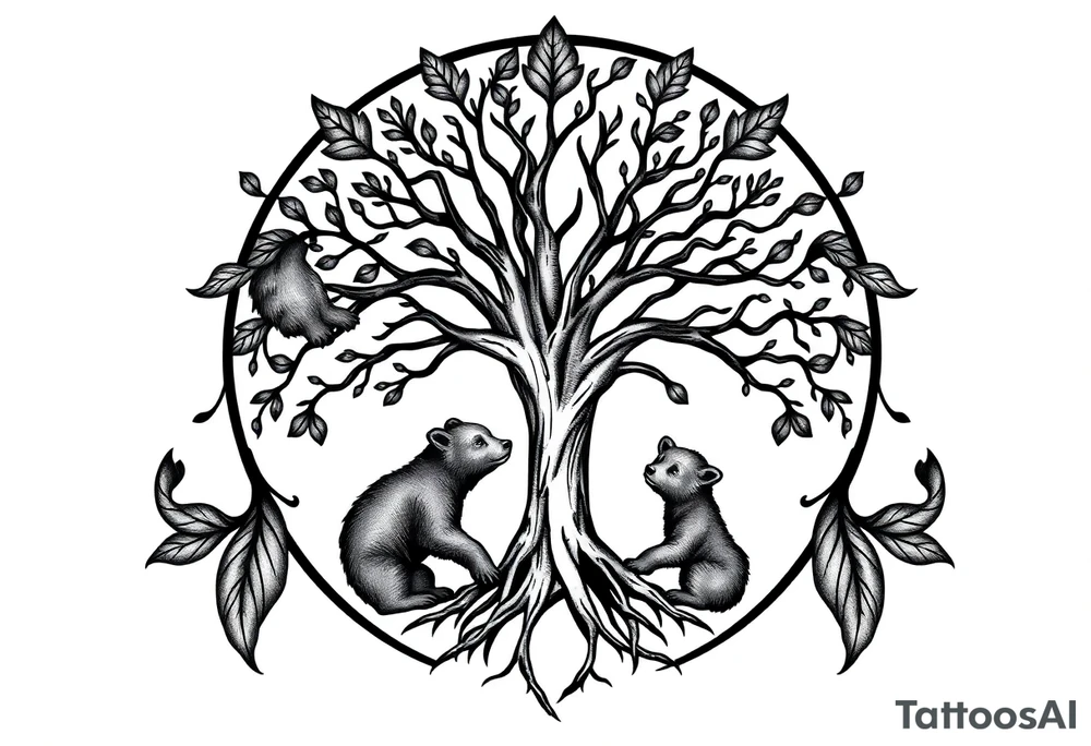 Tree of life circle adult bear and cub tattoo idea