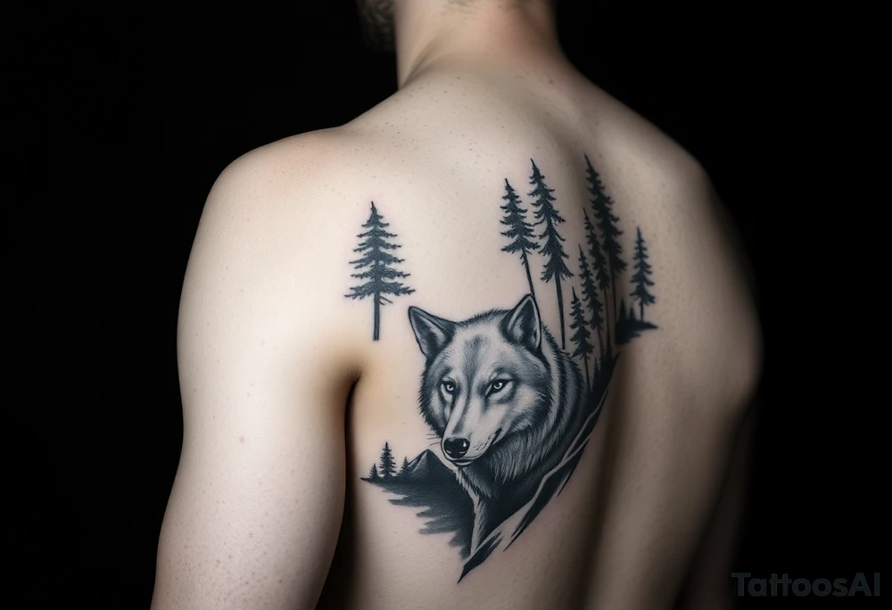 Night time forest scene arm sleeve with a wolf tattoo idea