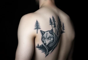 Night time forest scene arm sleeve with a wolf tattoo idea